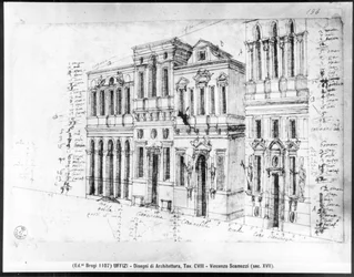 Dessin de la façade de la Galleria degli Uffizi, conçue par Giorgio Vasari (1511-74) et achevée par Bernardo Buontalenti (1531-1608) et Alfonso Parigi (d.1590) en 1580